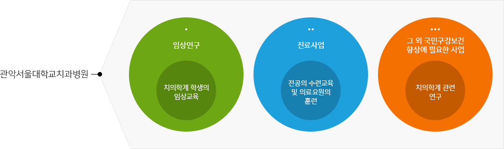 관악서울대학교치과병원 : 임상연구 (치의학계 학생의 임상교육), 진료사업 - (전공의의 수련교육 및 의료요원의 훈련),그 외 국민구강보건향상에 필요한 사업(치의학계 관련 연구)