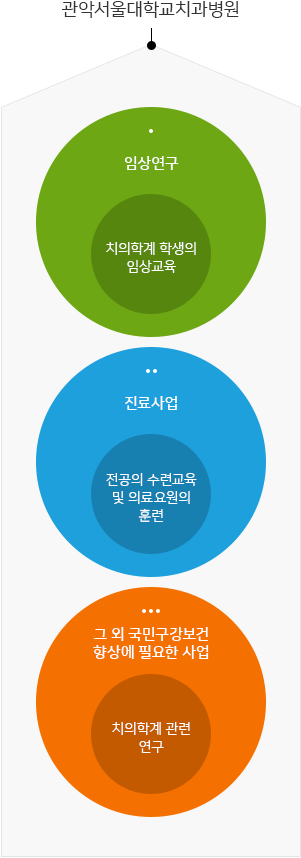 관악서울대학교치과병원 : 임상연구 (치의학계 학생의 임상교육), 진료사업 - (전공의의 수련교육 및 의료요원의 훈련),그 외 국민구강보건향상에 필요한 사업(치의학계 관련 연구)