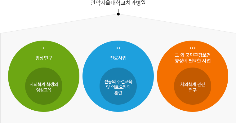 관악서울대학교치과병원 : 임상연구 (치의학계 학생의 임상교육), 진료사업 - (전공의의 수련교육 및 의료요원의 훈련),그 외 국민구강보건향상에 필요한 사업(치의학계 관련 연구)