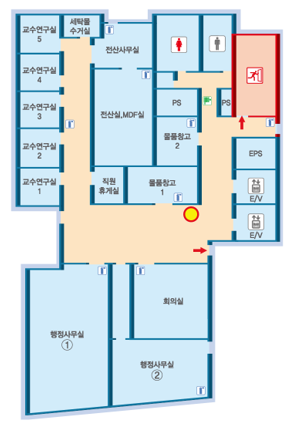 연구실1~5(소화기비치), 창고, 전산사무실(소화기비치), 전산실.MDF실(소화기비치), 탈의실(남), 물품창고(소화기비치), 탈의실(여)(소화기비치), PS, 소화전,남녀화장실, 비상계단(소화기비치), EPS, E/V, 1행정사무실(소화기비치), 2행정사무실, 회의실(소화기비치)