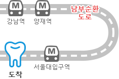 강남역, 양재역, 남부순환도로, 서울대입구역, 관악서울대학교치과병원 도착