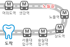 여의도역, 샛강역, 노들길,  노들역, 상도역, 숭실대, 서울대입구역, 관악서울대학교치과병원 도착