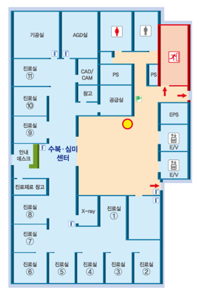 수복.심미 치주센터 - 1진료실, 2진료실, 3진료실,4진료실,5진료실,6진료실,7진료실,8진료실,X-ray(소화기비치), 진료재료 창고, 안내데스크(소화기비치), 9진료실,10진료실,11진료실,기공실(소화기비치), AGD실(소화기비치), CAD/CAM,창고, PS, 공급실, EPS, E/V 비상계단, 남녀화장실 , 소화전