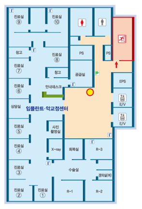 임플란트 및 악교정센터 - 1진료실,2진료실,3진료실,4진료실,5진료실,사진촬영실, X-ray(소화기비치), 회복실, R-3(소화기비치), R-2,R-1,소수술실 갱의실(남, 녀)상담실, 6진료실,7진료실,8진료실,안내데스크, 창고(소화기비치), 임상연구진료실1(소화기비치), 일반영상검사실, 임상연구진료실2(소화기비치), 공급실, PS, EPS, E/V,비상계단,남녀화장실,소화전 