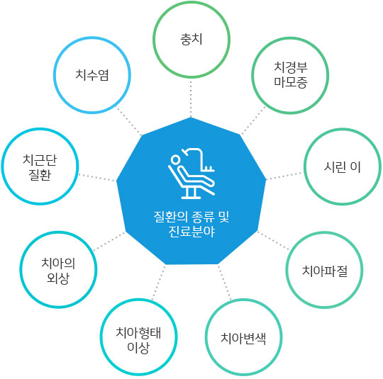 질환의 종류 및 진료 분야 -충치, 치경부 마모증, 시린 이, 치아파절, 치아변색, 치아형태 이상, 치아의 외상, 차근단 질환, 치수염