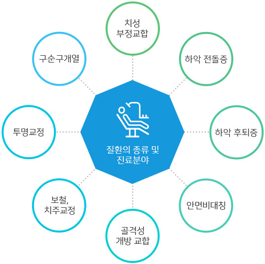 질환의 종류 및 진료 분야 - 치성 부정교합,하악 전돌증,하악 후퇴증,안면비대칭,골격성 개방 교합,보철,치주교정,투명교정,구순구개열