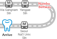 Via Gangnam Stn,Yangjae Stn,Nambu Beltway, Seoul Nat’l Univ.Stn Arrive at the hospital