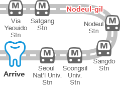 Via Yeouido Stn,Satgang Stn,Nodeul Stn,Sangdo Stn,Soongsil Univ. Stn,Seoul Nat’l Univ.Stn,Arrive at the hospital 