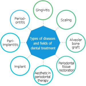 Types of diseases and fields of dental treatment Gingivitis, gum plastic surgery (soft tissue surgery), scaling, periodontal tissue implantation, periodontal tissue restoration, aesthetic in periodontal therapy, implant, peri-implantitis, periodontitis