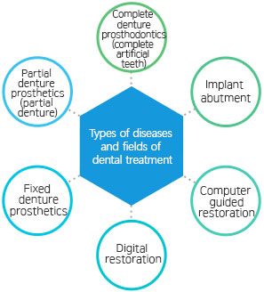 Types of diseases and fields of dental treatment 
Complete denture prosthodontics (complete artificial teeth), implant abutment, computer guided restoration, digital restoration, fixed denture prosthetics, partial denture prosthetics (partial 
denture.)